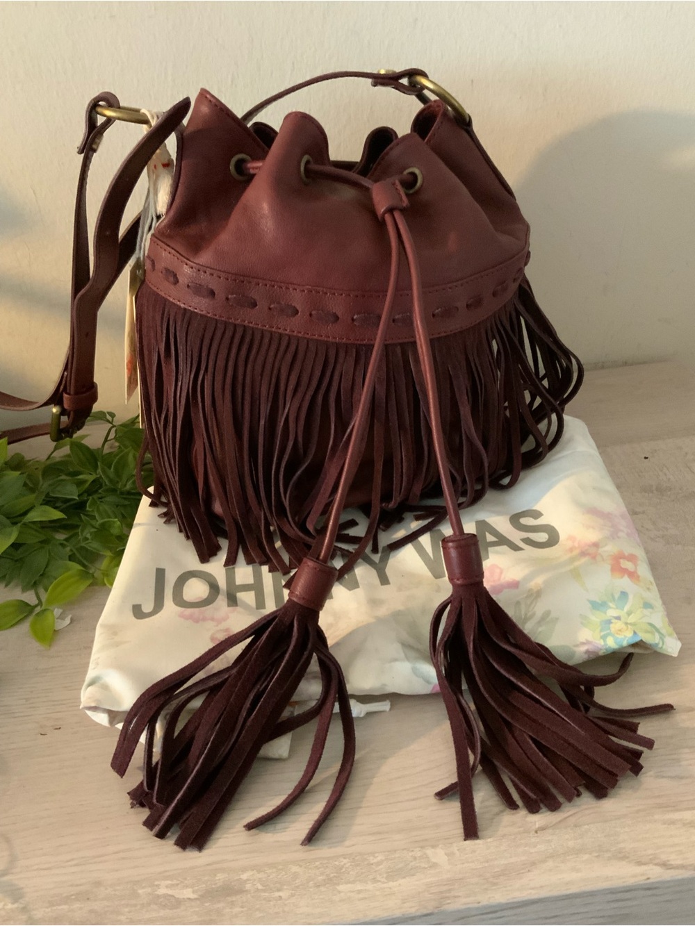NWT JOHNNY WAS ITALIAN LEATHER FRINGE BUCKET BAG OXBLOOD